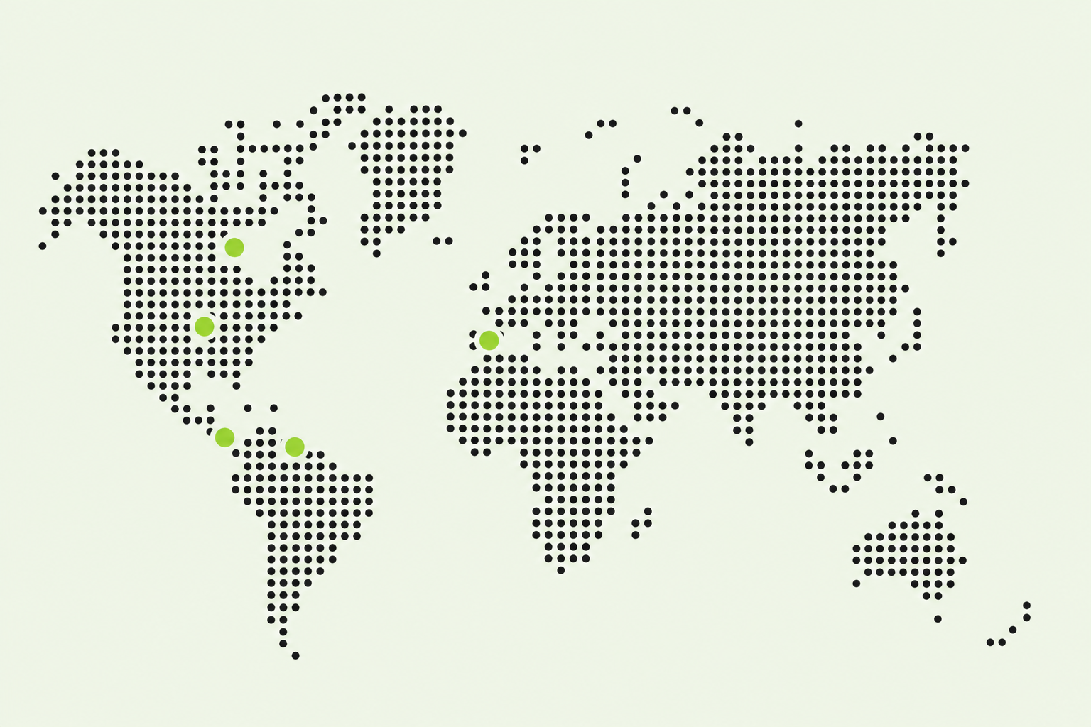 Mapa del alcance internacional de Waika Studios: proyectos en Canadá, Estados Unidos, Panamá, Venezuela y España.